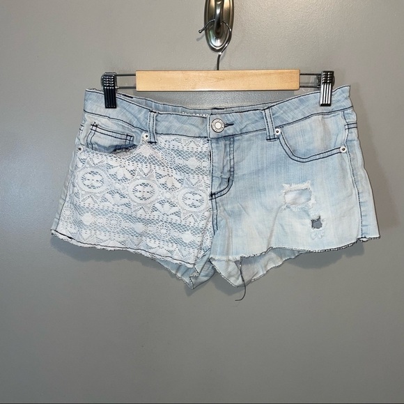 Mossimo distressed denim shorts with crochet accent - Picture 1 of 6